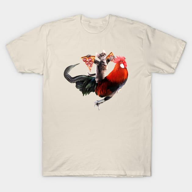 Cat with 2 Pizza Slices Riding Rooster T-Shirt by Random Galaxy